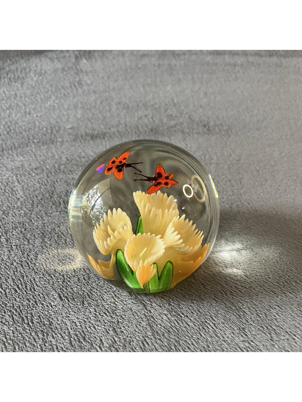 Dynasty Gallery Heirloom Collection Glass Paperweight Yellow Flowers Butterflies